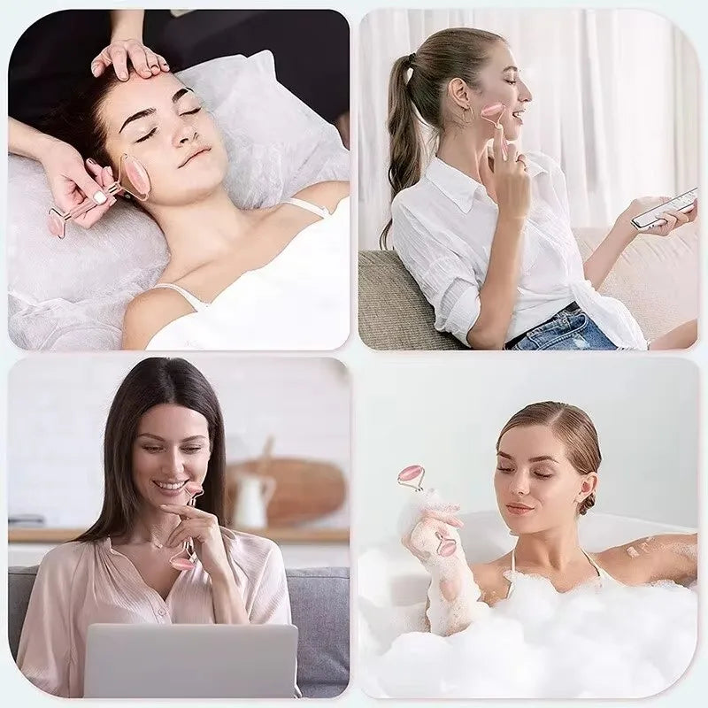 Collage of four scenes showing people in various activities including a facial, makeup application, using a laptop, and a bath.
