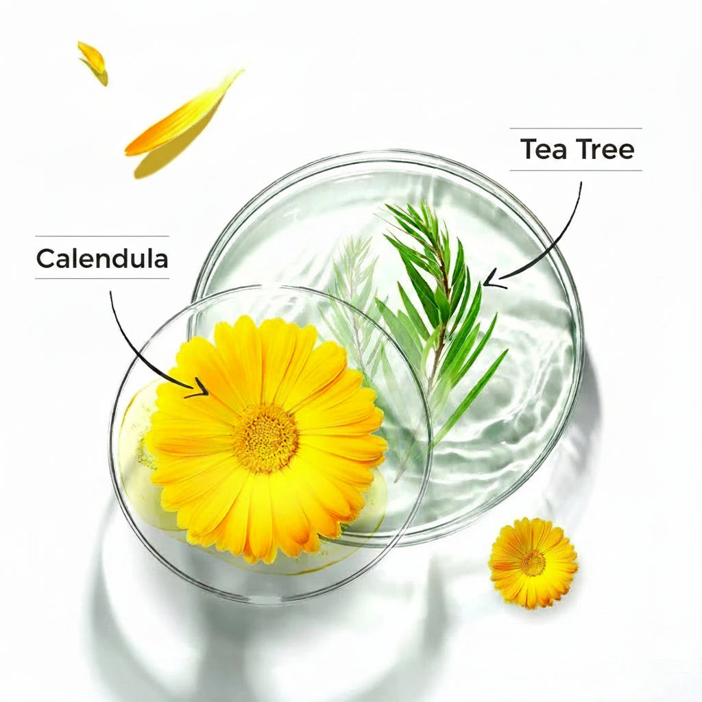 Illustration of calendula oil and tea tree oil with respective flowers and leaves in a clear container.