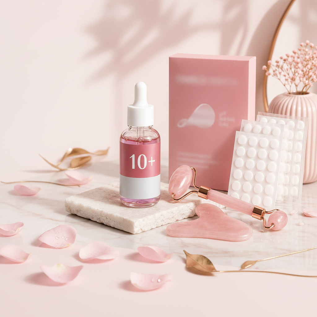 Kit K-Beauty complet — patchs anti-acné, sérum et gua sha quartz rose — Glow Ritual