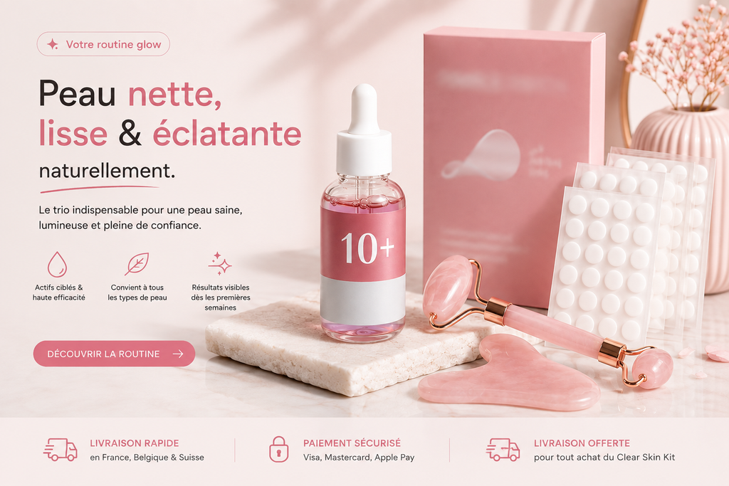 Pink skincare set featuring a dropper bottle labeled 10+, a pink rose gold roller, a pink jade roller, a white sheet mask, and a pink box, arranged on a marble surface with French promotional text.