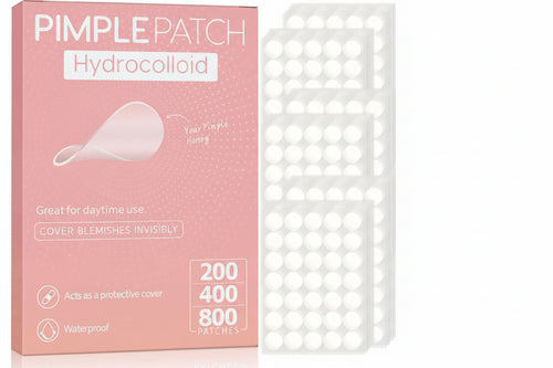 Pink Pimple Patch Hydrocolloid box shown next to three sheets of round white adhesive patches on a white background.