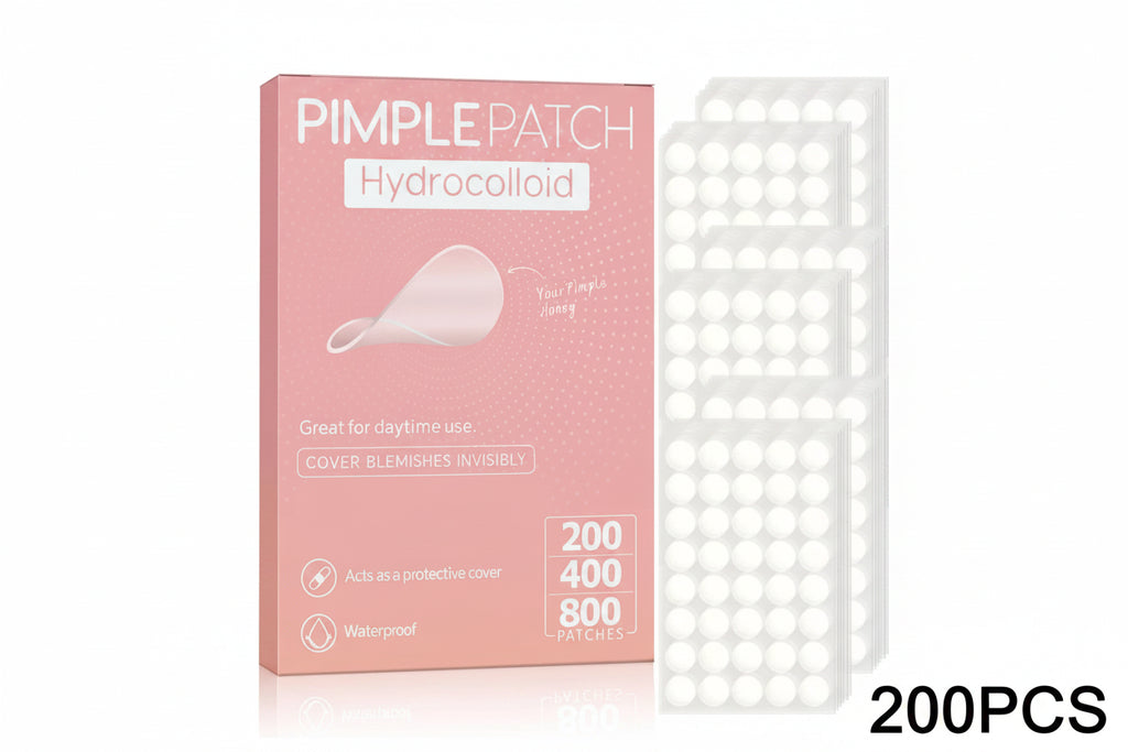 Pink Pimple Patch Hydrocolloid box shown next to several sheets of round white adhesive patches on a white background, with '200PCS' text in the lower right.