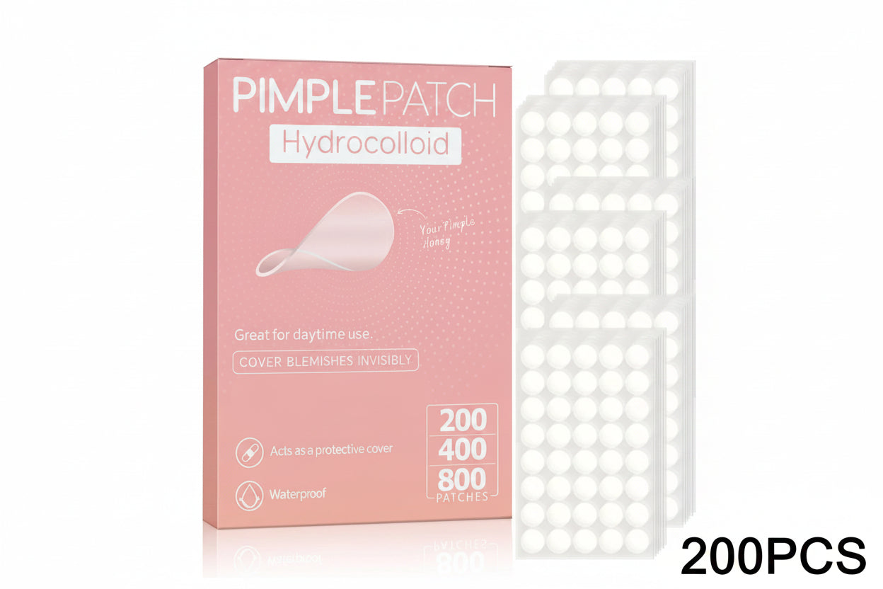 Pink Pimple Patch Hydrocolloid box shown next to several sheets of round white adhesive patches on a white background, with '200PCS' text in the lower right.