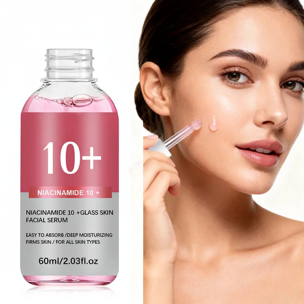 Niacinamide 10+ facial serum bottle with a woman applying it to her face.