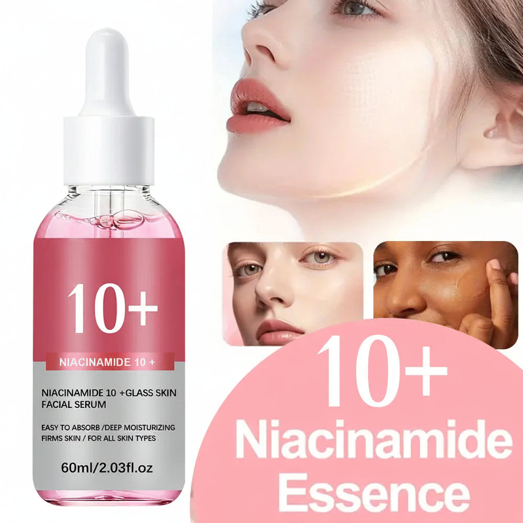 Niacinamide 10+ facial serum bottle with a close-up of a woman's face and text overlay.